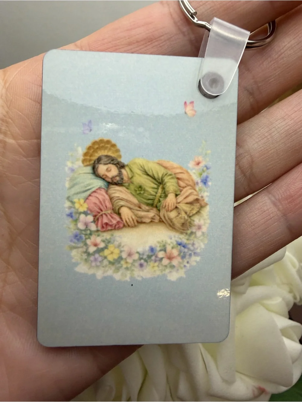 Religious Prayer Card Keychain in Pastel Blue